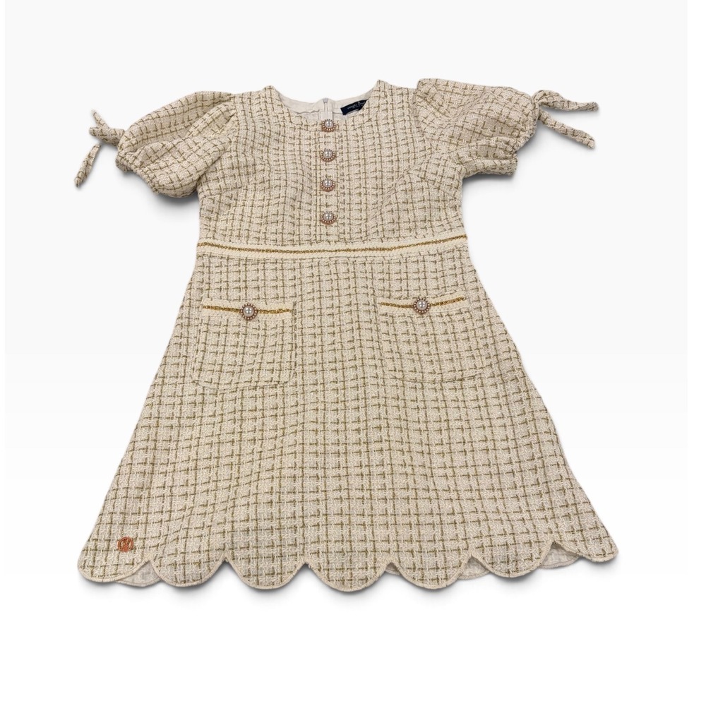 Simply Southern Tweed Dress Cream Gold Metallic Pearl Button Scallop Hem Small